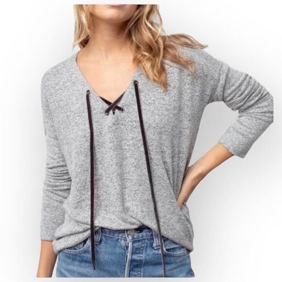 Rails‎ Leigh Pullover Sweater Women's Small Gray Long Sleeve Lace Up Front - Picture 1 of 10